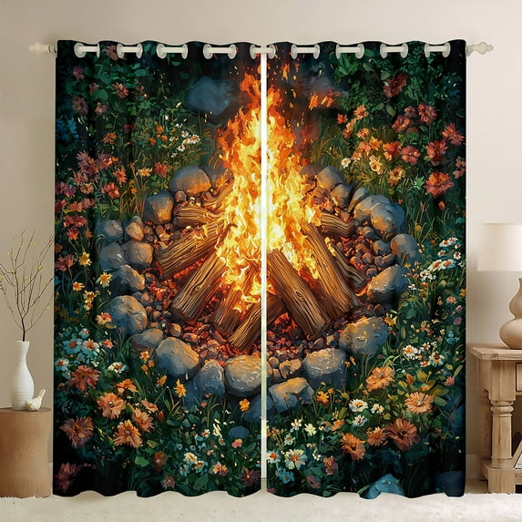 Manfei Happy Camping Black Out Curtains for Teens, Groovy Flower Floral Curtains Pack of 2 (42x63 Each), Rustic Adventure Bedroom Curtains, Window Curtains Home Decor