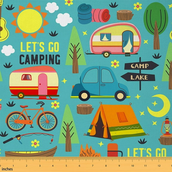 Manfei Happy Camping Camper Fabric by the Yard (1 Yard), Tent Boat Bicycle Decorative Fabric by the Yard, Nature Sun Tree Sewing & Crafting Fabric