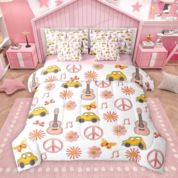 Homewish Happy Camping Child Bedding Comforter Set 7pcs, Groovy Blossoms Flower Queen Bedding Sets, Peace and Love Reversible Queen Sheet Sets, Breathable Home Decor
