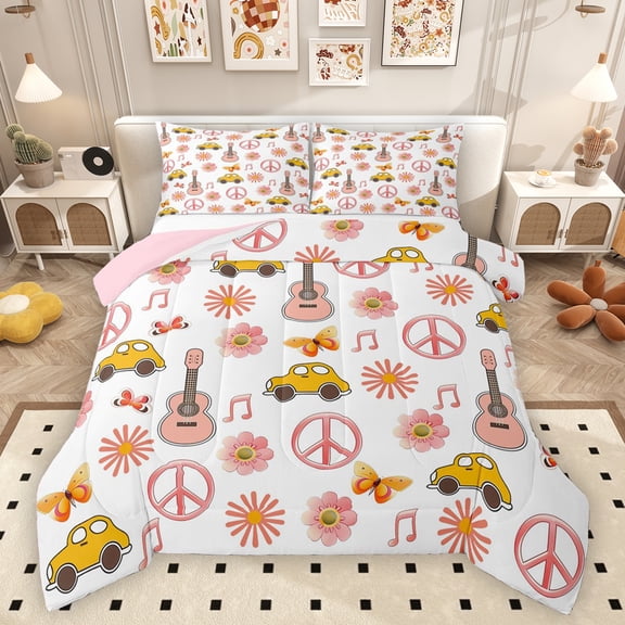 Homewish Happy Camping Child Bedding Comforter Set, Groovy Blossoms Flower Twin Comforter Sets, Peace and Love Reversible Bedding Set, Breathable Home Decor, 2 Pieces