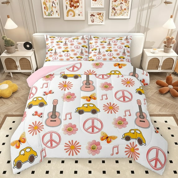 Homewish Happy Camping Child Full Size Comforter Sets, Groovy Blossoms Flower Bedding Comforter Set, Peace and Love Reversible Bedding Sets, Breathable Home Decor, 3 Pieces