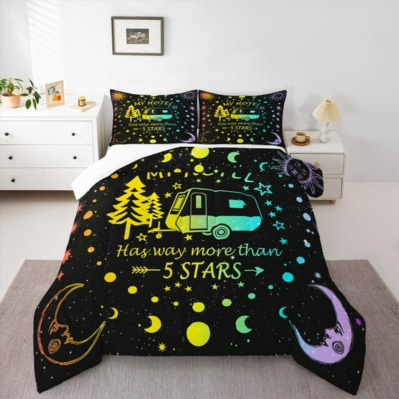 Manfei Happy Camping Rv Bedding Comforter Set,Boho Sun Moon Twin Comforter Sets,Galaxy Starry Night Bedding Set For Teens,Ultra Soft Home Decor,2pcs