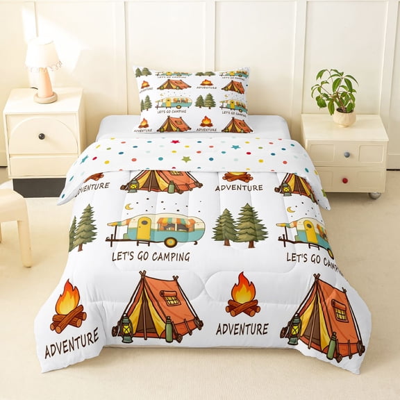 Manfei Happy Camping Twin Comforter Sets,Green Trees Bedding Set,White,Polkadot Reversible,2pcs,1 Comforter and 1 Pillowcase