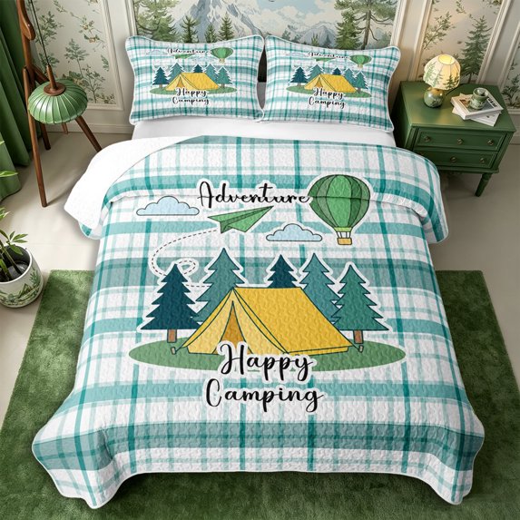 Manfei Happy Camping Twin Quilt Set 2 Pieces,Minimalist Geometric Plaid Twin Coverlet Set,Yellow Teal,1 Bedspread and 1 Pillowcase