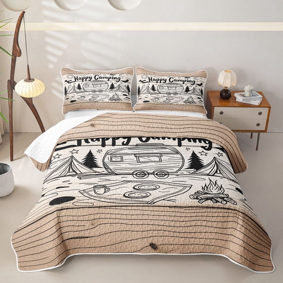 Manfei Happy Camping Twin Quilt Set,Rustic Farmhouse Cabin Twin Coverlet Set,Brown,2pcs