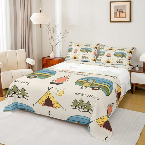 Manfei Happy Camping Twin Sheet Sets,Colorful Camper Rv Twin Fitted Sheet,Outdoor Adventure Flat Sheet For Kids,Breathable Home Decor,3pcs