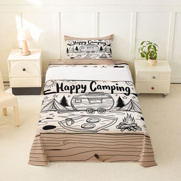 Manfei Happy Camping Twin Sheets,Rustic Farmhouse Cabin Bedding,Brown,3 Pieces,1 Fitted Sheet and 1 Pillowcase