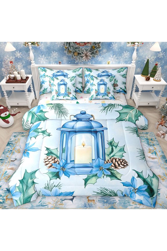 Happy Christmas 7-Piece Bedding Comforter Set,Rustic Pine Cone King Bedding Sets,Green Blue Xmas Flower Bed Sheets For Boys Girls,Luxury Bedroom Decor Reversible