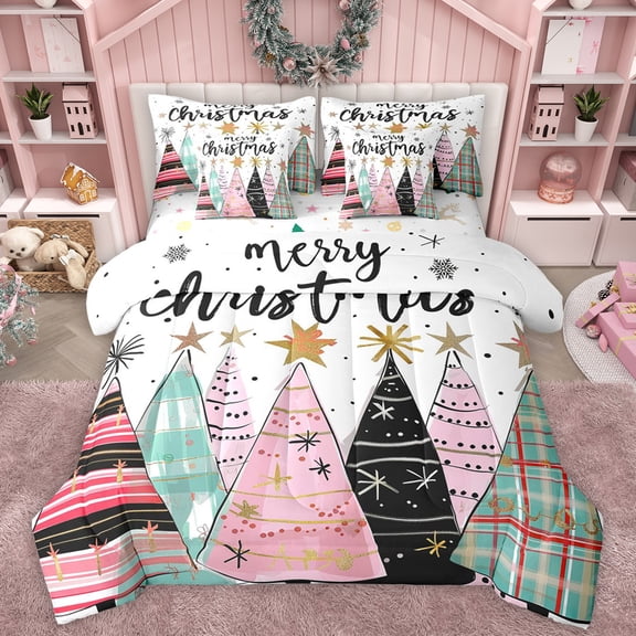 Manfei Happy Christmas 7-Piece Twin Bedding Sets,bohemian Xmas Tree Bedding Comforter Set,Happy New Year Sheet Sets For Kids,Breathable Home Decor Reversible