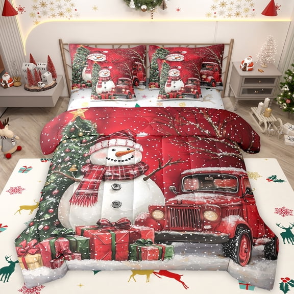 Manfei Happy Christmas 7-Piece Twin Bedding Sets,Cartoon Xmas Snowman Bedding Comforter Set,Red White Green Sheet Sets For Girls Teens,Ultra Soft Home Decor Reversible