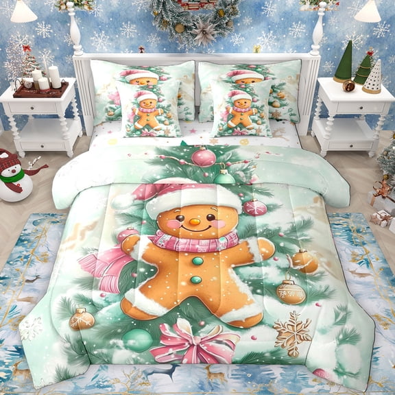 Manfei Happy Christmas 7-Piece Twin Bedding Sets,Lovely Gingerbread Man Bedding Comforter Set,Chic Xmas Tree Sheet Sets For Teens,Breathable Home Decor Reversible