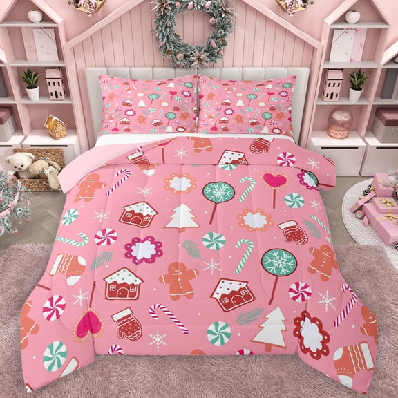 Manfei Happy Christmas Bedding Comforter Set,Cute Flower Floral Twin Comforter Sets,Colorful Candy Bedding Set For Teens,Breathable Home Decor Reversible,2 Pieces