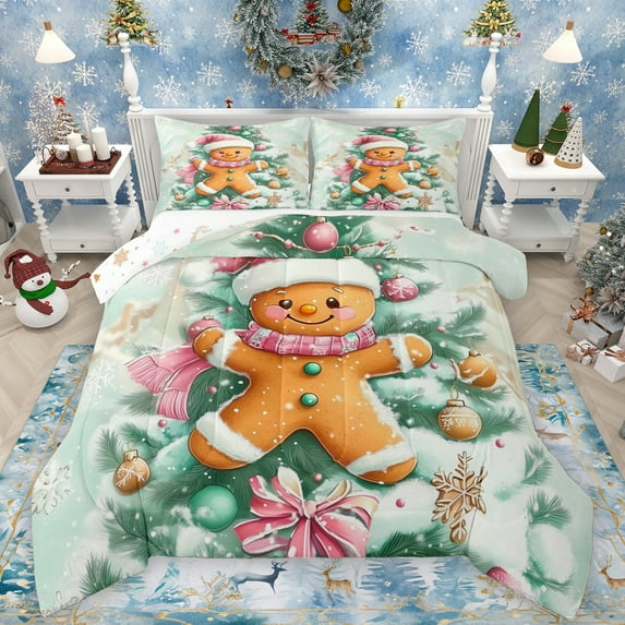 Manfei Happy Christmas Bedding Comforter Set,Lovely Gingerbread Man Twin Comforter Sets,Chic Xmas Tree Bedding Set For Teens,Breathable Home Decor Reversible,2 Pieces