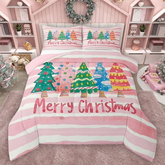 Manfei Happy Christmas Bedding Comforter Set,Watercolor Xmas Tree Twin Comforter Sets,Pink Geometric Lines Bedding Set For Kids,Breathable Home Decor Reversible,2pcs