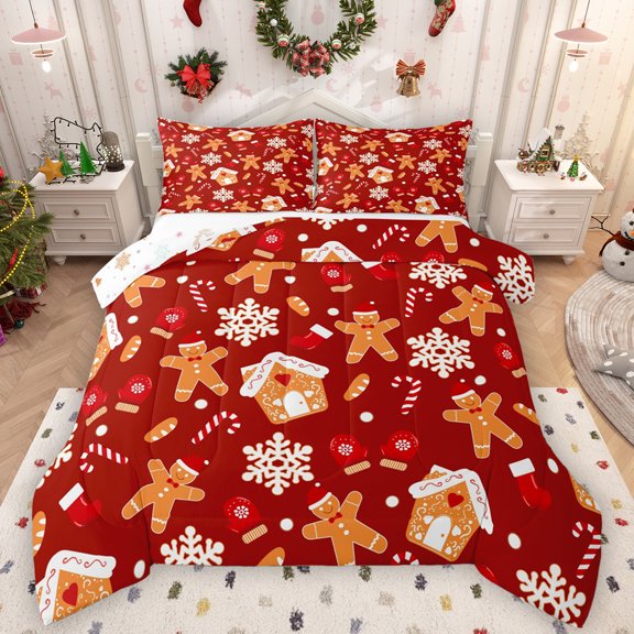 Manfei Happy Christmas Bedding Comforter Set,Xmas Gingerbread House Twin Comforter Sets,Candy Cane Snowflake Bedding Set For Teens,Breathable Home Decor Reversible,2 Pieces