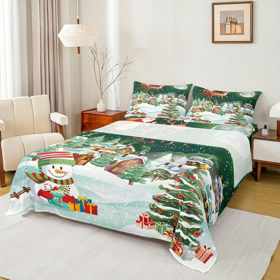 Manfei Happy Christmas Full Size Sheets,Cartoon Snowman Bed Sheets,Chic Xmas Tree Gifts Sheet Sets For Boys Girl,Microfiber Bedroom Decor,4pcs