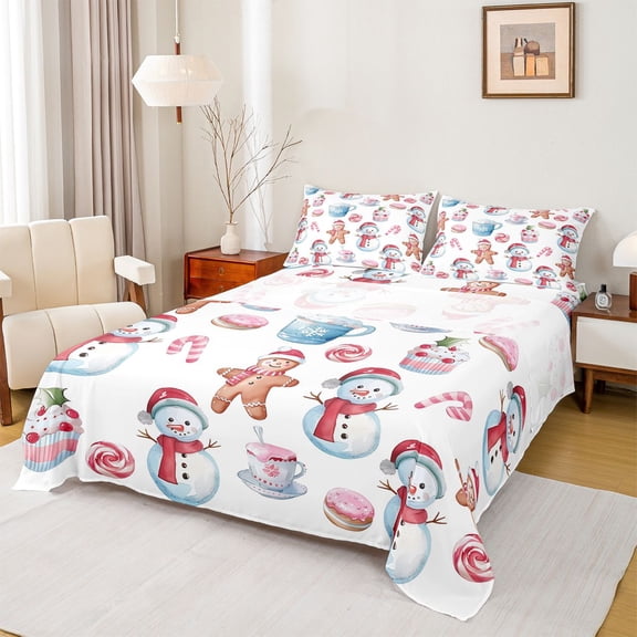 Manfei Happy Christmas Full Size Sheets,Cartoon Xmas Snowman Bed Sheets,Pink Candy Cane Sheet Sets For Girls Teens,Ultra Soft Home Decor,4 Pieces