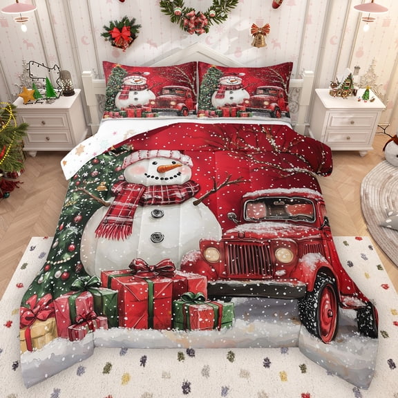 Manfei Happy Christmas Queen Comforter Set,Cartoon Xmas Snowman Bedding Sets,Red White Green Bedding Comforter Set For Girls Teens,Ultra Soft Home Decor Reversible,3 Pieces
