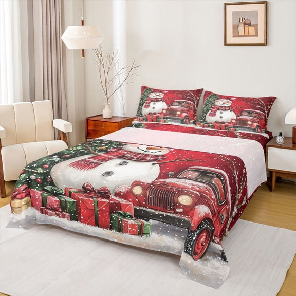 Manfei Happy Christmas Twin Sheet Sets,Cartoon Xmas Snowman Twin Fitted Sheet,Red White Green Flat Sheet For Girls Teens,Ultra Soft Home Decor,3pcs