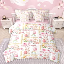 Manfei Happy Easter 7-Piece Twin Bedding Sets,Pink Dino Egg Bedding Comforter Set,Cute Rabbit Flowers Sheet Sets For Girls Teens,Luxury Bedroom Decor Reversible