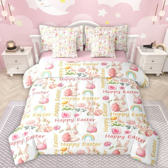Manfei Happy Easter 7-Piece Twin Bedding Sets,Pink Dino Egg Bedding Comforter Set,Cute Rabbit Flowers Sheet Sets For Girls Teens,Luxury Bedroom Decor Reversible