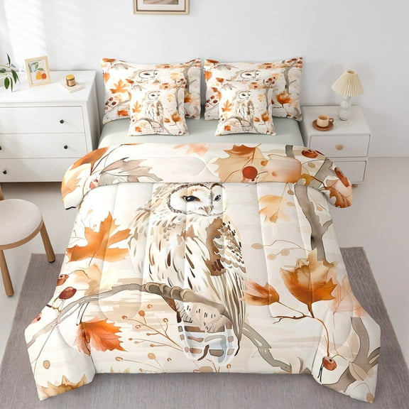 Manfei Happy Fall 7pcs Bedding Comforter Set,Cute Owl Queen Bedding Sets,Natural Maple Queen Sheet Sets For Kids,Breathable Home Decor Reversible