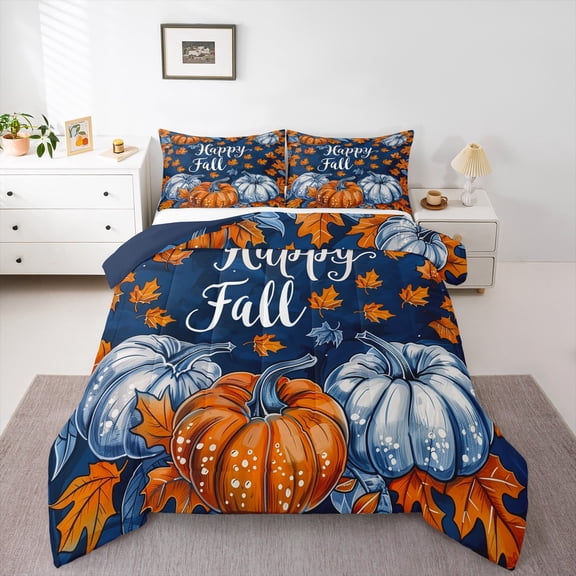 Manfei Happy Fall Queen Comforter Set,Rustic Pumpkin Maples Bedding Sets,Orange Blue Bedding Comforter Set For Girl Boys,Microfiber Bedroom Decor Reversible,3 Pieces