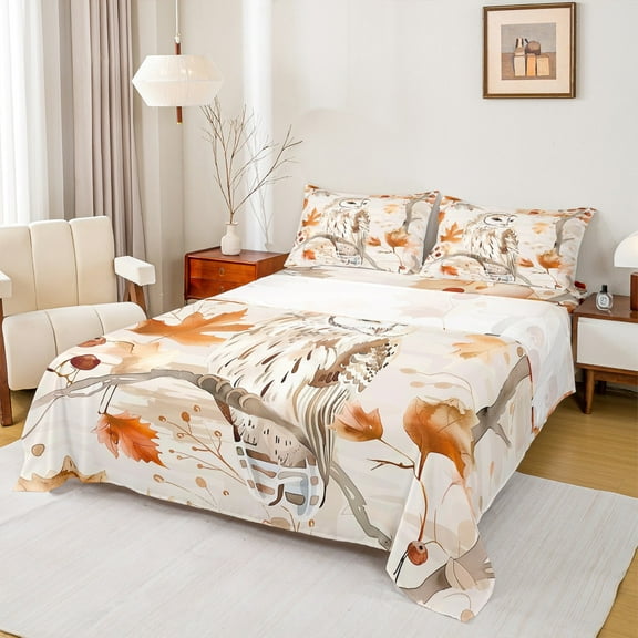 Manfei Happy Fall Twin Sheet Sets,Cute Owl Twin Fitted Sheet,Natural Maple Flat Sheet For Kids,Breathable Home Decor,3-Piece