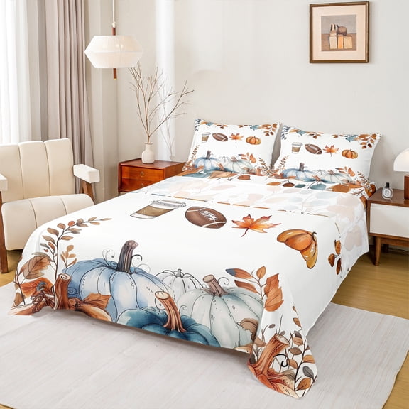 Manfei Happy Fall Yall Full Size Sheets for Kid, Pumpkin Leaf Plant Bed Sheets, Coffee Rugby Sheet Sets, Super Cozy Room Decor, 4-Piece