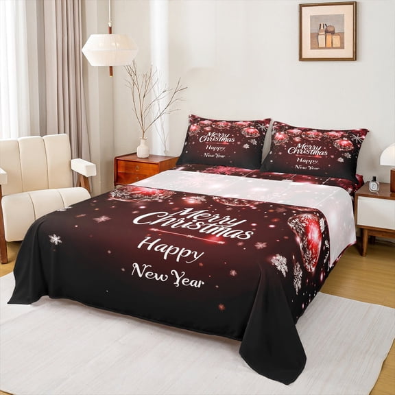 Manfei Happy Festival Bed Sheets for Teens, Vintage Christmas Style King Sheets, Snowflake Ball Sheet Set, Ultra Soft Home Decor, 4pcs