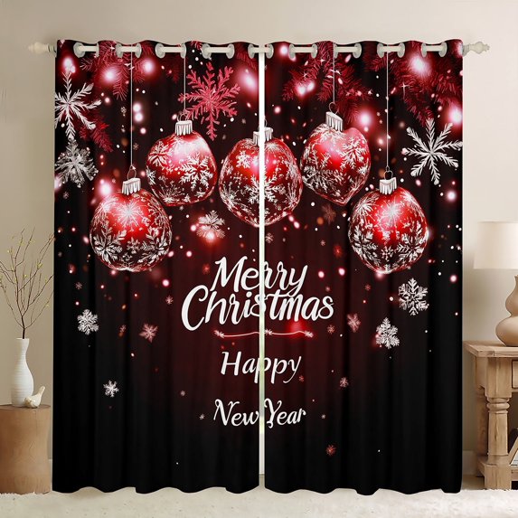 Manfei Happy Festival Black Out Curtains for Teens, Vintage Christmas Style Curtains Pack of 2 (42x63 Each), Snowflake Ball Bedroom Curtains, Curtains and Drapes Home Decor