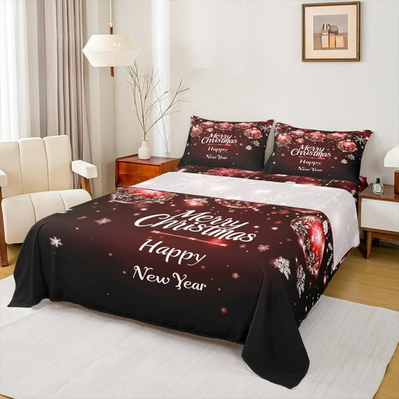 Manfei Happy Festival Queen Sheet Sets for Teens, Vintage Christmas Style Flat Sheet, Snowflake Ball Queen Fitted Sheet, Ultra Soft Home Decor, 4pcs