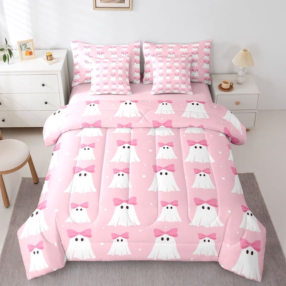 Manfei Happy Halloween 7-Piece King Bedding,Cartoon Bow Ghosts King Bed in a Bag,Pink,Pink Reversible