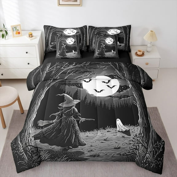 Manfei Happy Halloween 7-Piece Twin Bedding Sets,Black Witch Bats Bedding Comforter Set,Cute Cartoon Ghost Sheet Sets For Kids,Luxury Bedroom Decor Reversible