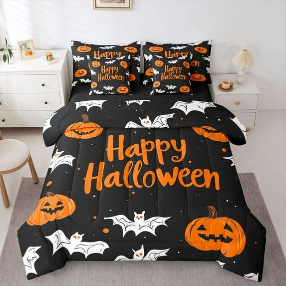 Manfei Happy Halloween 7-Piece Twin Bedding Sets,Lovely Pumpkin Lantern Bedding Comforter Set,White Black Orange Sheet Sets For Girl Kids,Super Cozy Room Decor Reversible