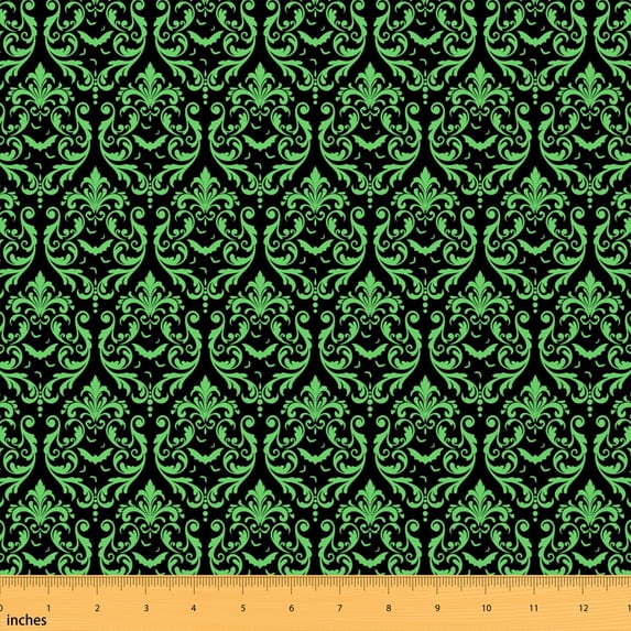 Manfei Happy Halloween Bat Fabric by the Yard 1 Yard, Gothic Damask Home Decor Fabric by the Yard, Green Scroll