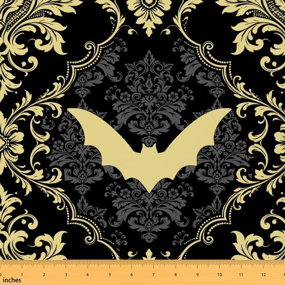 Manfei Happy Halloween Bat Fabric by the Yard 3 Yards, Gothic Damask Room Decor Fabric by the Yard, Pale Gold