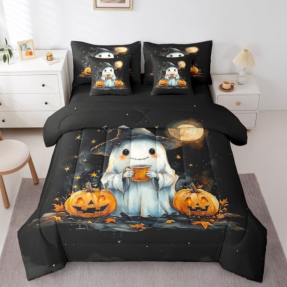 Manfei Happy Halloween Bed in a Bag Full Size,Orange Pumpkin Maple Bed Set,Kawaii Ghost Bedding Full Size,Lightweight Bedroom Decor Reversible,7 Pieces