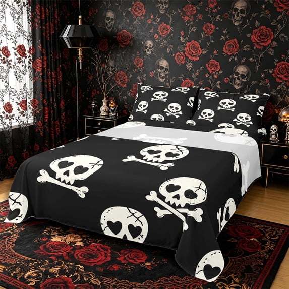 Manfei Happy Halloween Bed Sheets 4-Piece, Cute Spooky Skull Full Size Sheets, Black White Cream,1 Fitted Sheet, 1 Flat Sheet and 2 Pillowcases