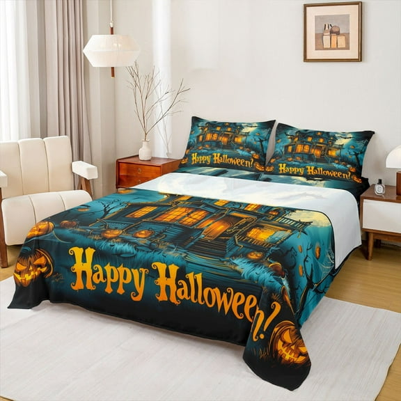 Manfei Happy Halloween Bed Sheets Set King Size,Spooky Pumpkin Lantern Bedding Sets King Size,Halloween Theme Castle Bed Sheets King For Boy,Super Cozy Room Decoration,4-Piece