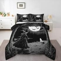 Manfei Happy Halloween Bedding Comforter Set,Black Witch Bats Twin Comforter Sets,Cute Cartoon Ghost Bedding Set For Kids,Luxury Bedroom Decor Reversible,2-Piece