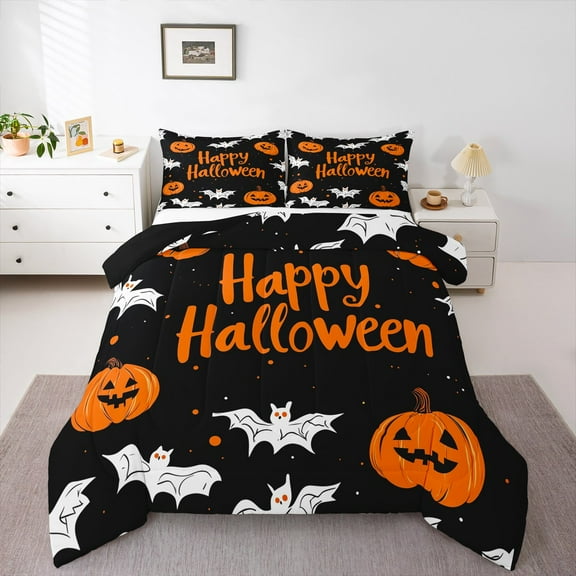 Manfei Happy Halloween Bedding Comforter Set,Lovely Pumpkin Lantern Twin Comforter Sets,White Black Orange Bedding Set For Girl Kids,Super Cozy Room Decor Reversible,2pcs