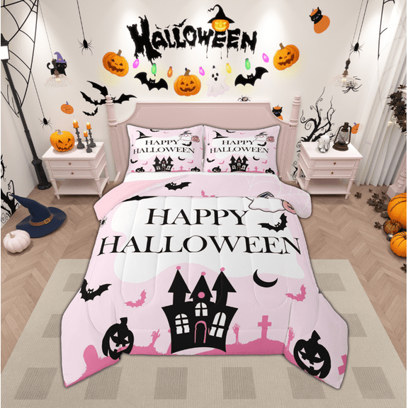 Manfei Happy Halloween Bedding Comforter Set,Spooky Castle Twin Comforter Sets,Black Pumpkin Lantern Bedding Set For Kids Girls,Breathable Home Decor Reversible,2pcs