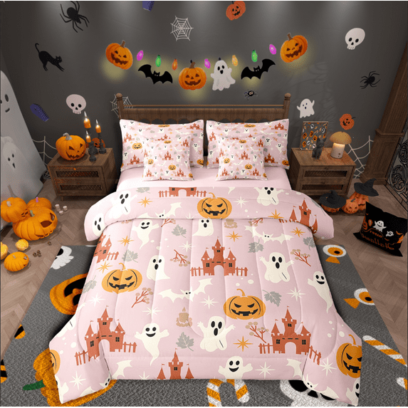 Manfei Happy Halloween Bedding Sets Twin Size,Pink Orange Comforter Sets with Sheets,Festival Ghost Bed in a Bag Twin size,Lightweight Pumpkin Room Decorative,Reversible,7-Piece