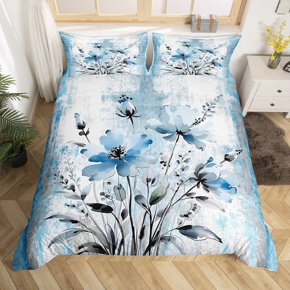 Manfei Fashion Flower 2-Piece Full Duvet Cover, Blue Watercolor Bedding