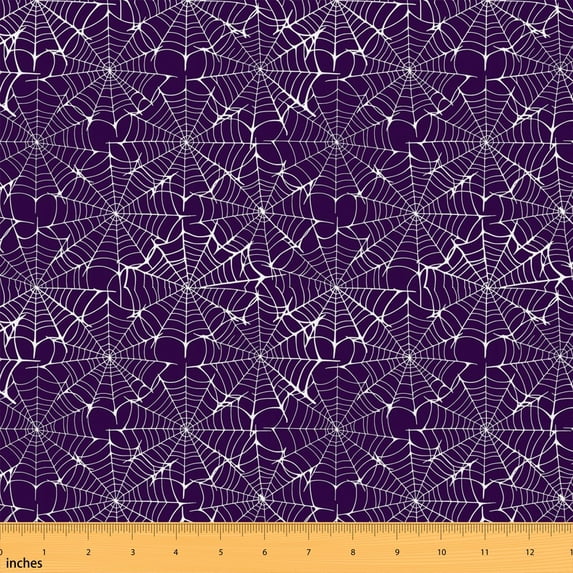 Manfei Happy Halloween Fabric by the Yard 1 Yard, Boho Spider Web Home Decor Fabric by the Yard, Purple White