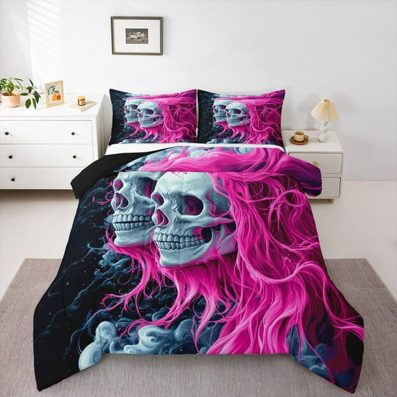 Manfei Happy Halloween Full Size Comforter Sets,Gothic Theme Skull Bedding Comforter Set,Pink Gray Black Bedding Sets For Teens,Breathable Home Decor Reversible,3-Piece