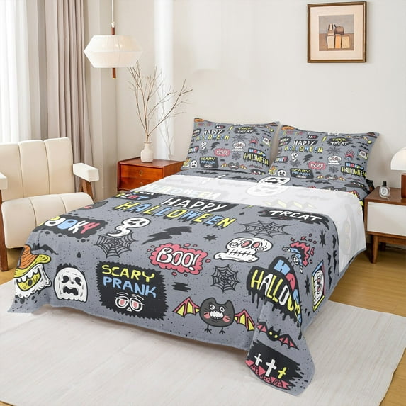 Manfei Happy Halloween Full Size Sheets,Ghost Skull Spider Webs Bed Sheets,Trick Or Treat Sheet Sets For Girls Boys,Super Cozy Room Decor,4-Piece