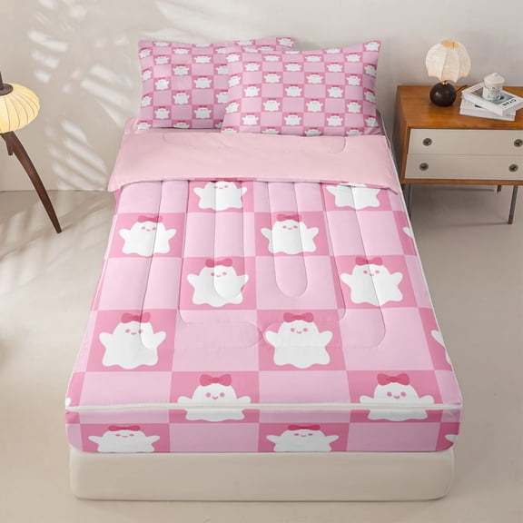 Manfei Happy Halloween Ghosts Zipper Twin Comforter Sets with Fitted Sheet and 2 Pillowcases,Pink Classic Checkered Print Zipper Bedding Set,Pink Reversible,4pcs