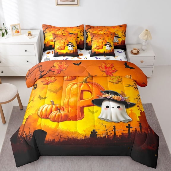 Manfei Happy Halloween Initial P 7 Pieces Full Size Bedding Sets,Autumn Pumpkin Full Size Bed in a Bag,Orange,Halloween Reversible